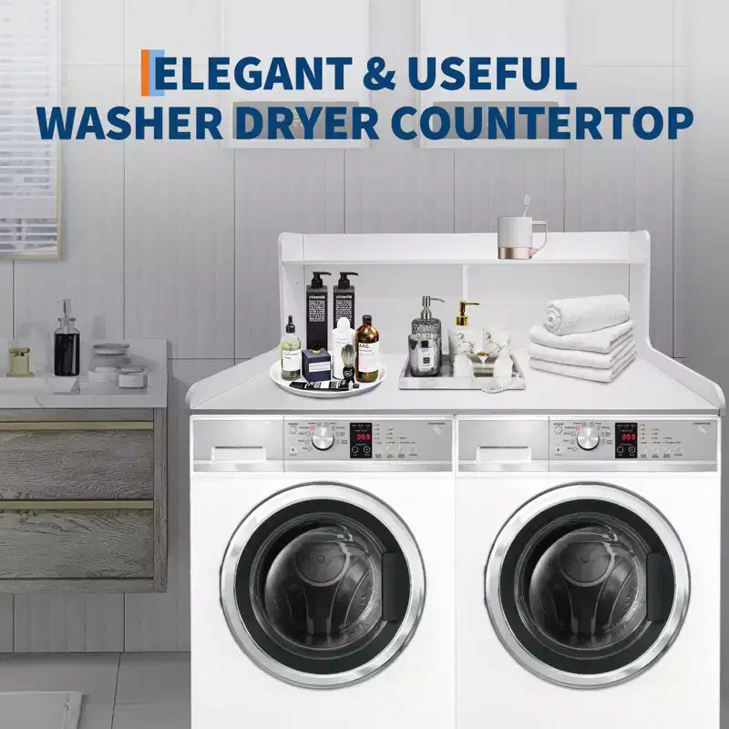Plan de travail pour lave-linge/sèche-linge à 2 niveaux, comptoir de buanderie en bois avec rebords, cache-lave-linge/sèche-linge étanche avec patins antidérapants pour rangement dans la buanderie