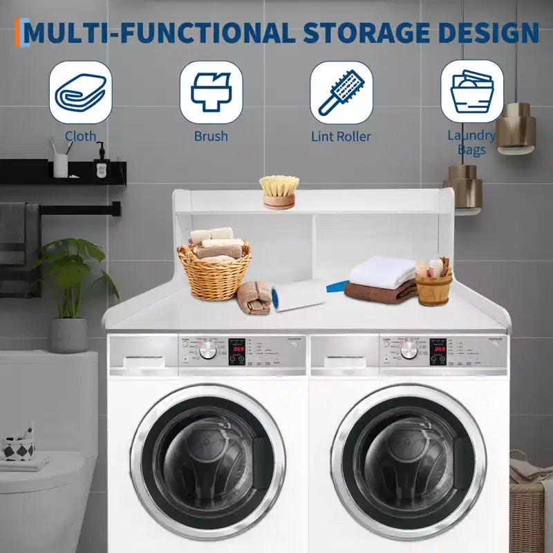 Plan de travail pour lave-linge/sèche-linge à 2 niveaux, comptoir de buanderie en bois avec rebords, cache-lave-linge/sèche-linge étanche avec patins antidérapants pour rangement dans la buanderie