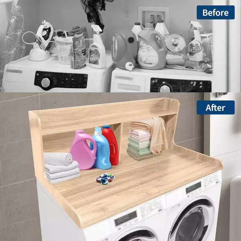Plan de travail pour lave-linge/sèche-linge à 2 niveaux, comptoir de buanderie en bois avec rebords, cache-lave-linge/sèche-linge étanche avec patins antidérapants pour rangement dans la buanderie