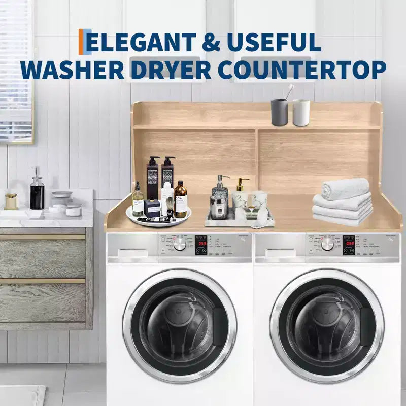 Plan de travail pour lave-linge/sèche-linge à 2 niveaux, comptoir de buanderie en bois avec rebords, cache-lave-linge/sèche-linge étanche avec patins antidérapants pour rangement dans la buanderie