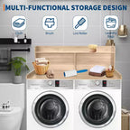 Plan de travail pour lave-linge/sèche-linge à 2 niveaux, comptoir de buanderie en bois avec rebords, cache-lave-linge/sèche-linge étanche avec patins antidérapants pour rangement dans la buanderie