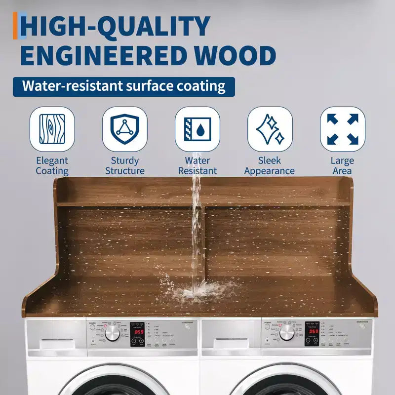 Plan de travail pour lave-linge/sèche-linge à 2 niveaux, comptoir de buanderie en bois avec rebords, cache-lave-linge/sèche-linge étanche avec patins antidérapants pour rangement dans la buanderie