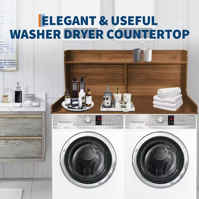 Plan de travail pour lave-linge/sèche-linge à 2 niveaux, comptoir de buanderie en bois avec rebords, cache-lave-linge/sèche-linge étanche avec patins antidérapants pour rangement dans la buanderie