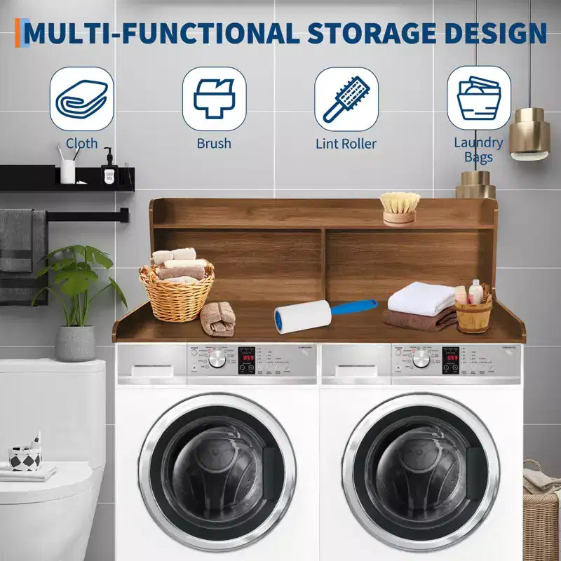 Plan de travail pour lave-linge/sèche-linge à 2 niveaux, comptoir de buanderie en bois avec rebords, cache-lave-linge/sèche-linge étanche avec patins antidérapants pour rangement dans la buanderie