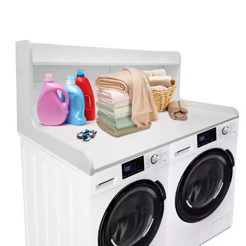 Plan de travail pour lave-linge/sèche-linge à 2 niveaux, comptoir de buanderie en bois avec rebords, cache-lave-linge/sèche-linge étanche avec patins antidérapants pour rangement dans la buanderie