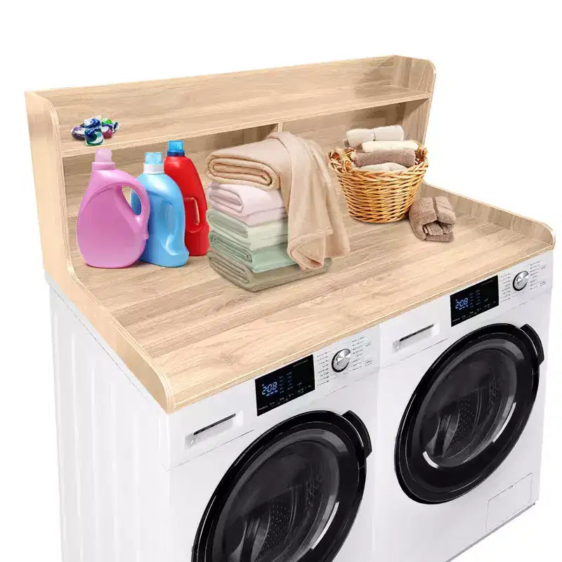 Plan de travail pour lave-linge/sèche-linge à 2 niveaux, comptoir de buanderie en bois avec rebords, cache-lave-linge/sèche-linge étanche avec patins antidérapants pour rangement dans la buanderie