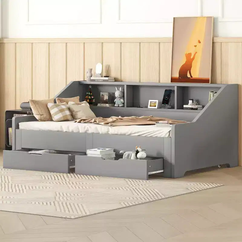 Bellemave Twin to King Size Daybed Frame with Storage Bookcases and Two Drawers,Charging Design,Gray