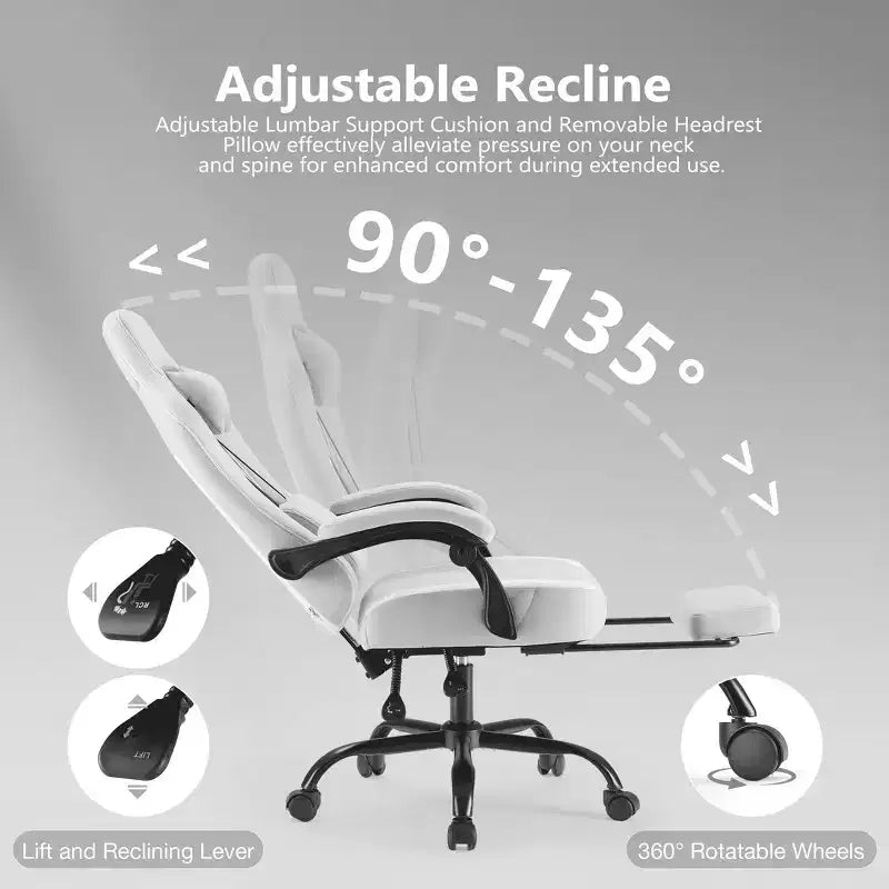 Chaise de jeu d'ordinateur MAYEERTY avec support lombaire Hauteur réglable Roues rotatives à 360° Accoudoirs et appuie-tête inclus