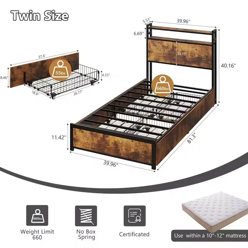 VINGLI Bed Frame with 4 Storage Drawers/Headboard, Metal Platform with Charging Station and LED, No Box Spring Needed, Easy Assembly, Vintage Brown