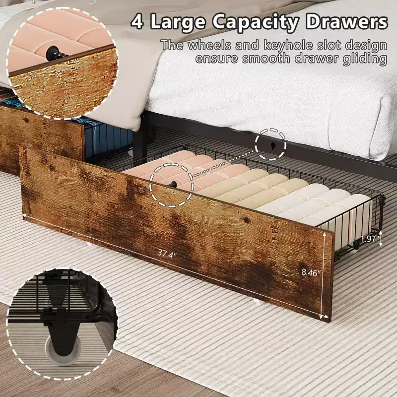 Cadre de lit VINGLI avec 4 tiroirs de rangement/tête de lit, plateforme en métal avec station de charge et LED, sommier tapissier non requis, montage facile, marron vintage
