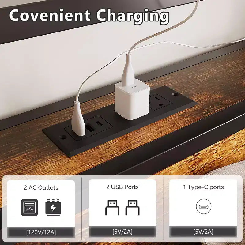 Cadre de lit VINGLI avec 4 tiroirs de rangement/tête de lit, plateforme en métal avec station de charge et LED, sommier tapissier non requis, montage facile, marron vintage