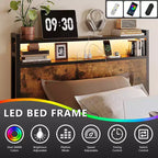 Cadre de lit VINGLI avec 4 tiroirs de rangement/tête de lit, plateforme en métal avec station de charge et LED, sommier tapissier non requis, montage facile, marron vintage