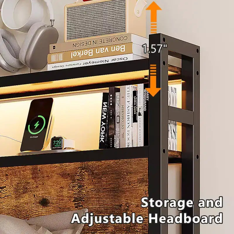 Cadre de lit VINGLI avec 4 tiroirs de rangement/tête de lit, plateforme en métal avec station de charge et LED, sommier tapissier non requis, montage facile, marron vintage