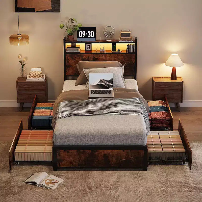 Cadre de lit VINGLI avec 4 tiroirs de rangement/tête de lit, plateforme en métal avec station de charge et LED, sommier tapissier non requis, montage facile, marron vintage