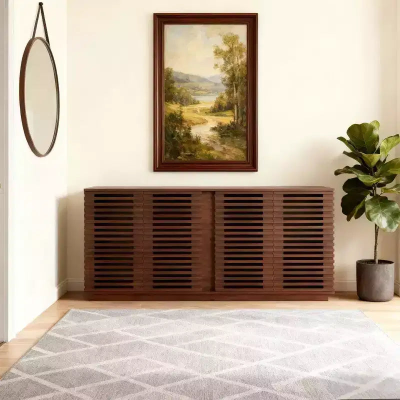 Homy Casa Meuble de Rangement Console avec Portes à Lattes, Grande Capacité, pour Salon et Entrée, Noyer