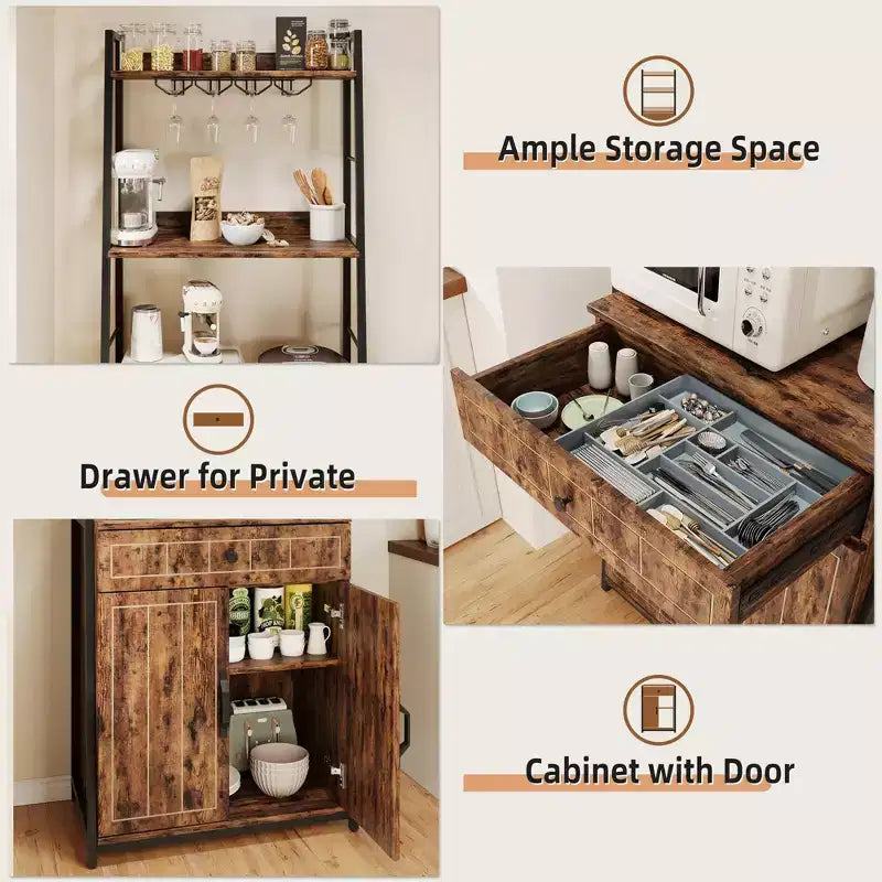 70.8 Meuble de cuisine industriel TruAIR Bakers Rack avec armoire, support pour micro-ondes et meuble de rangement pour le vin pour cuisine/salon (autonome avec tiroir)