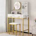 Coiffeuse de Maquillage avec Miroir Rotatif Réglable, Grande Coiffeuse de 74 cm avec 2 Tiroirs et Tabouret, Coiffeuse Moderne pour Chambre à Coucher