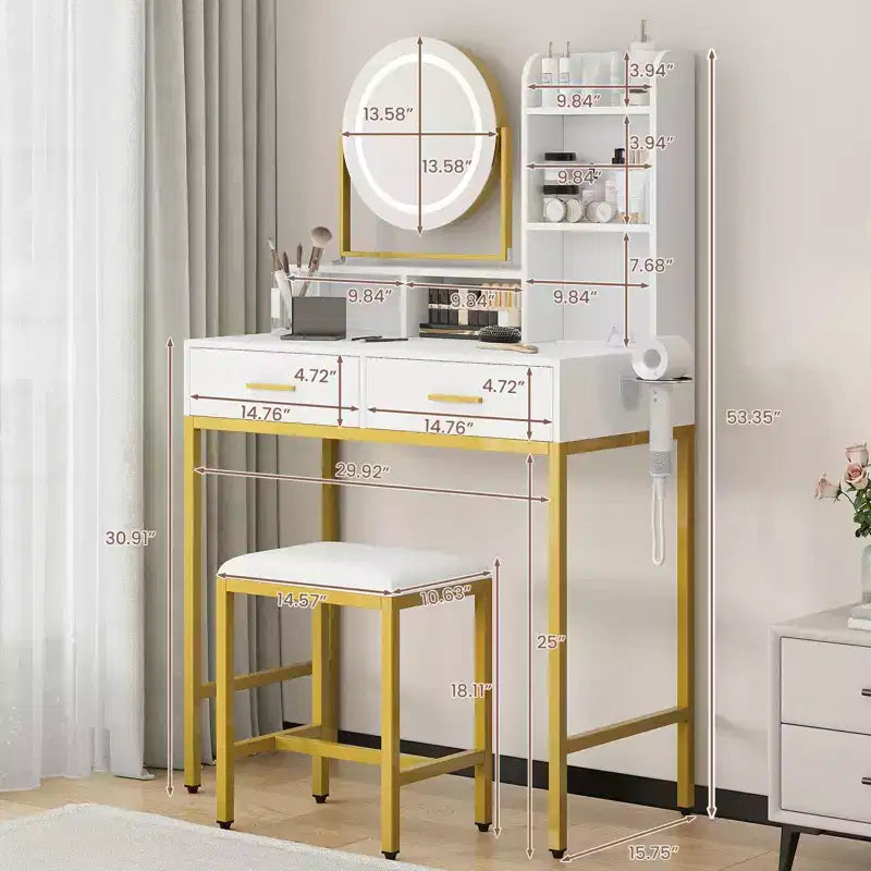 Coiffeuse de Maquillage avec Miroir Rotatif Réglable, Grande Coiffeuse de 74 cm avec 2 Tiroirs et Tabouret, Coiffeuse Moderne pour Chambre à Coucher