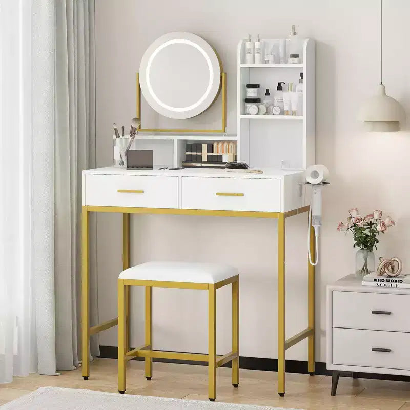 Coiffeuse de Maquillage avec Miroir Rotatif Réglable, Grande Coiffeuse de 74 cm avec 2 Tiroirs et Tabouret, Coiffeuse Moderne pour Chambre à Coucher