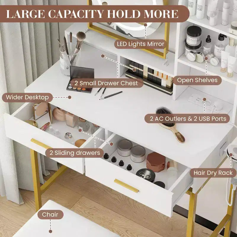 Coiffeuse de Maquillage avec Miroir Rotatif Réglable, Grande Coiffeuse de 74 cm avec 2 Tiroirs et Tabouret, Coiffeuse Moderne pour Chambre à Coucher