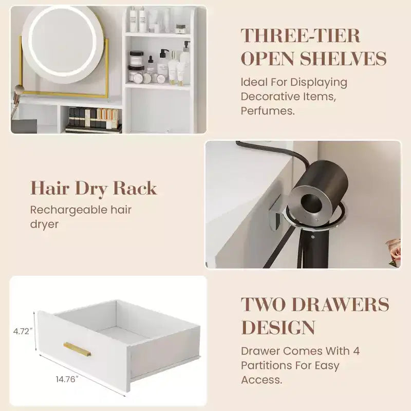 Coiffeuse de Maquillage avec Miroir Rotatif Réglable, Grande Coiffeuse de 74 cm avec 2 Tiroirs et Tabouret, Coiffeuse Moderne pour Chambre à Coucher