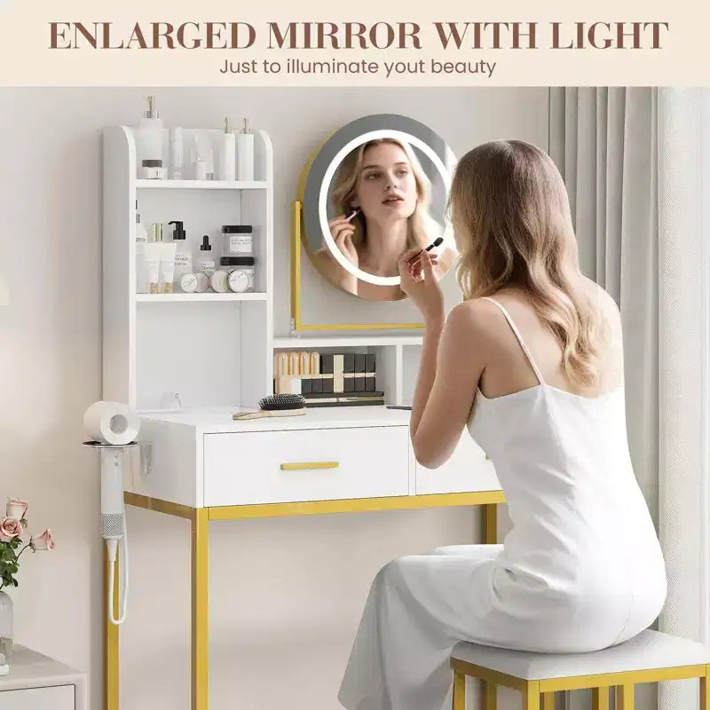 Coiffeuse de Maquillage avec Miroir Rotatif Réglable, Grande Coiffeuse de 74 cm avec 2 Tiroirs et Tabouret, Coiffeuse Moderne pour Chambre à Coucher