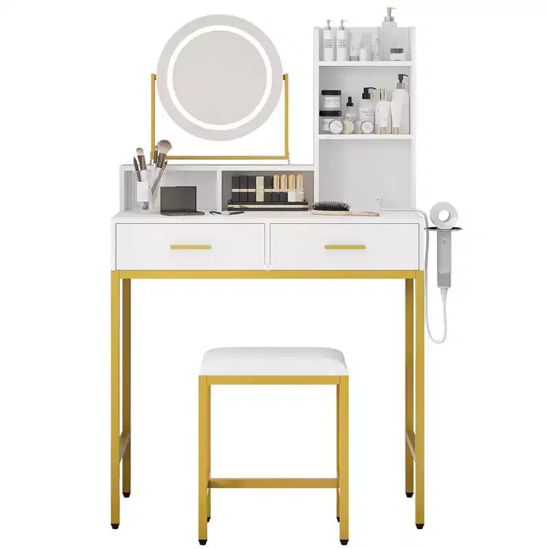 Coiffeuse de Maquillage avec Miroir Rotatif Réglable, Grande Coiffeuse de 74 cm avec 2 Tiroirs et Tabouret, Coiffeuse Moderne pour Chambre à Coucher