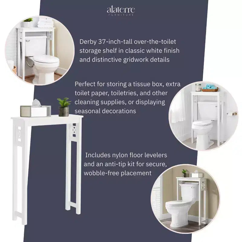 Étagère de rangement au-dessus des toilettes Alaterre Furniture Derby, 94 cm de hauteur, économiseur d'espace de salle de bain, organisateur autoportant moderne pour articles de toilette et serviettes, blanc