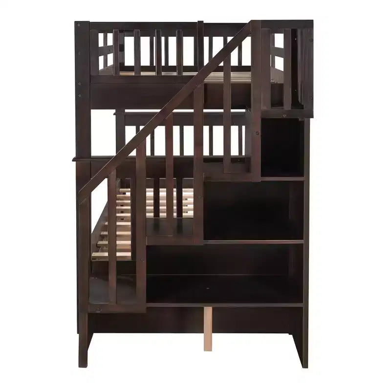 Lits superposés jumeaux Stairway pour enfants, cadre de lit superposé avec tiroirs de rangement et rampe de sécurité pour chambre à coucher et dortoir