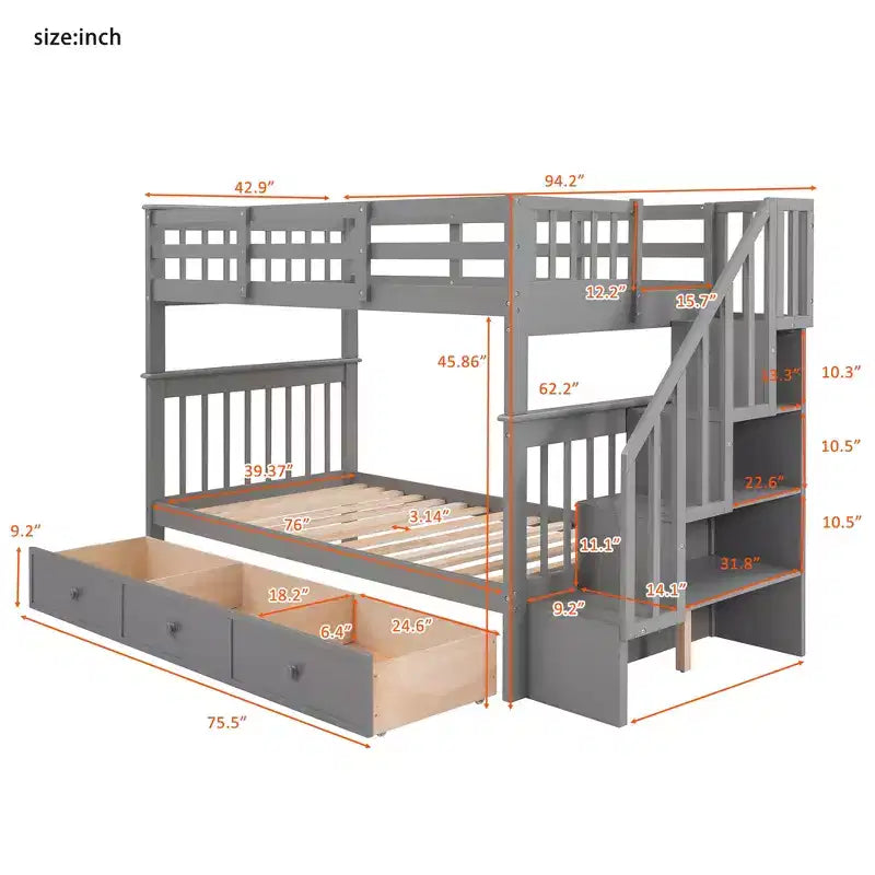 Lits superposés jumeaux Stairway pour enfants, cadre de lit superposé avec tiroirs de rangement et rampe de sécurité pour chambre à coucher et dortoir