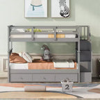 Lits superposés jumeaux Stairway pour enfants, cadre de lit superposé avec tiroirs de rangement et rampe de sécurité pour chambre à coucher et dortoir