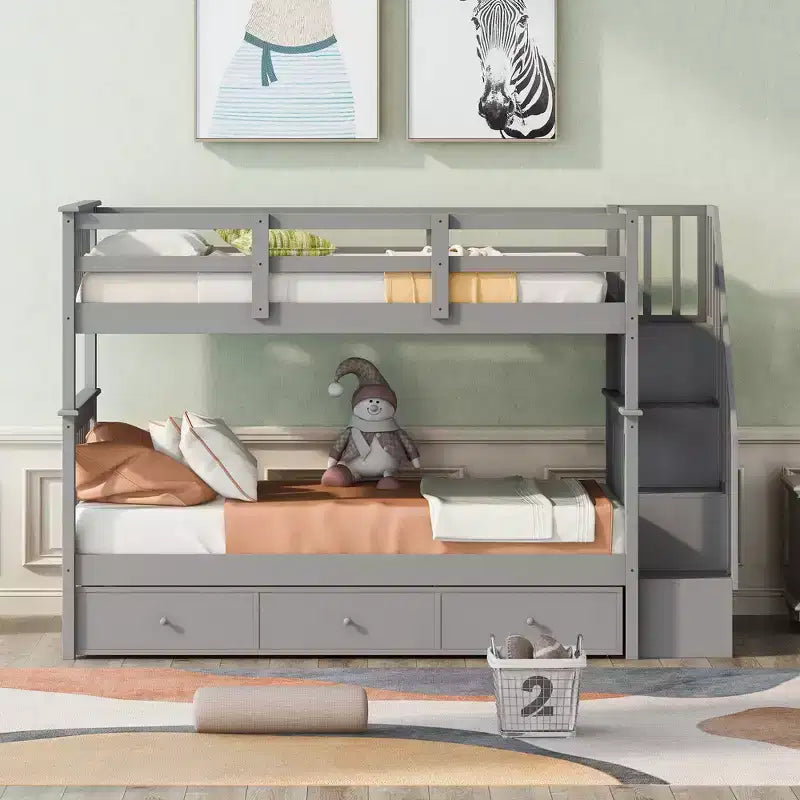 Lits superposés jumeaux Stairway pour enfants, cadre de lit superposé avec tiroirs de rangement et rampe de sécurité pour chambre à coucher et dortoir