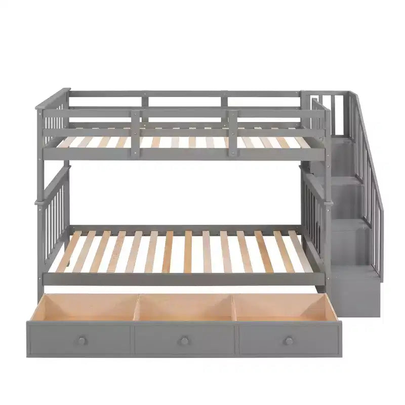 Lits superposés jumeaux Stairway pour enfants, cadre de lit superposé avec tiroirs de rangement et rampe de sécurité pour chambre à coucher et dortoir