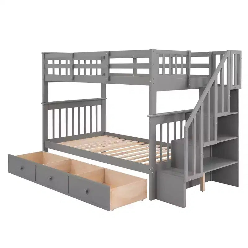 Lits superposés jumeaux Stairway pour enfants, cadre de lit superposé avec tiroirs de rangement et rampe de sécurité pour chambre à coucher et dortoir