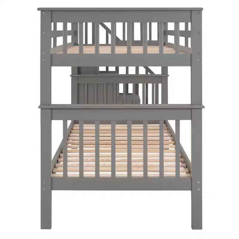 Lits superposés jumeaux Stairway pour enfants, cadre de lit superposé avec tiroirs de rangement et rampe de sécurité pour chambre à coucher et dortoir