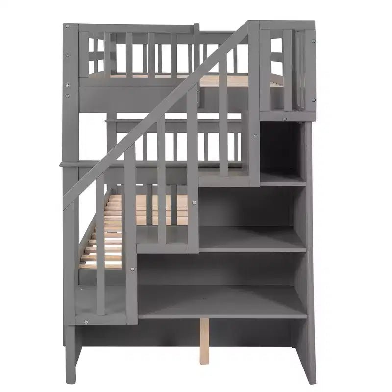 Lits superposés jumeaux Stairway pour enfants, cadre de lit superposé avec tiroirs de rangement et rampe de sécurité pour chambre à coucher et dortoir