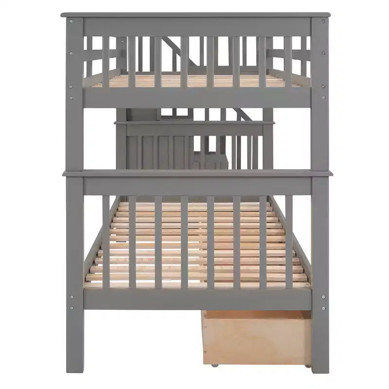 Lits superposés jumeaux Stairway pour enfants, cadre de lit superposé avec tiroirs de rangement et rampe de sécurité pour chambre à coucher et dortoir