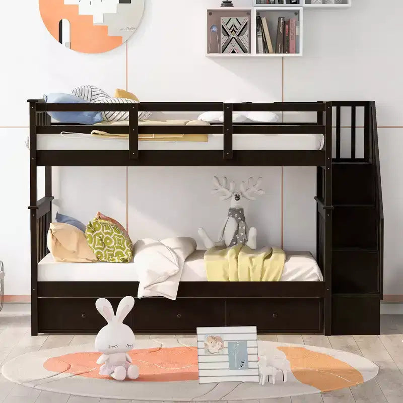 Lits superposés jumeaux Stairway pour enfants, cadre de lit superposé avec tiroirs de rangement et rampe de sécurité pour chambre à coucher et dortoir