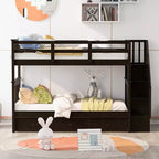 Lits superposés jumeaux Stairway pour enfants, cadre de lit superposé avec tiroirs de rangement et rampe de sécurité pour chambre à coucher et dortoir