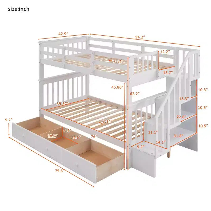 Lits superposés jumeaux Stairway pour enfants, cadre de lit superposé avec tiroirs de rangement et rampe de sécurité pour chambre à coucher et dortoir