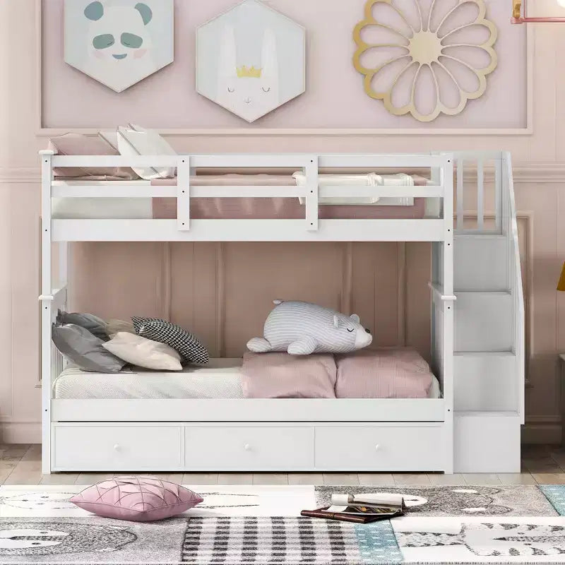 Lits superposés jumeaux Stairway pour enfants, cadre de lit superposé avec tiroirs de rangement et rampe de sécurité pour chambre à coucher et dortoir