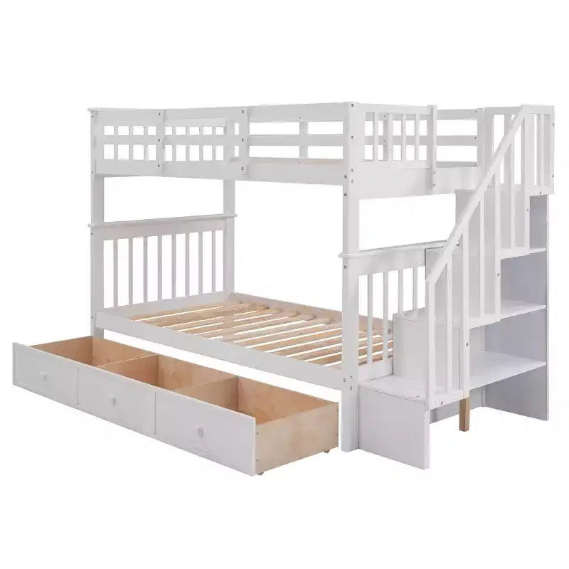 Lits superposés jumeaux Stairway pour enfants, cadre de lit superposé avec tiroirs de rangement et rampe de sécurité pour chambre à coucher et dortoir