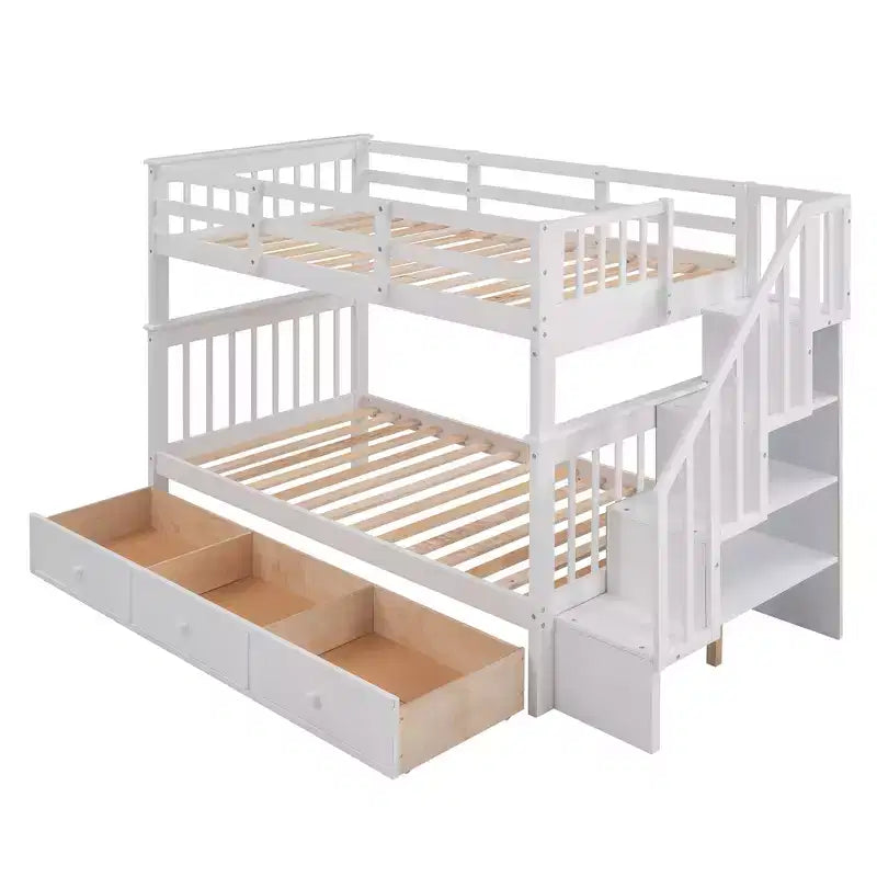 Lits superposés jumeaux Stairway pour enfants, cadre de lit superposé avec tiroirs de rangement et rampe de sécurité pour chambre à coucher et dortoir