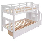 Lits superposés jumeaux Stairway pour enfants, cadre de lit superposé avec tiroirs de rangement et rampe de sécurité pour chambre à coucher et dortoir