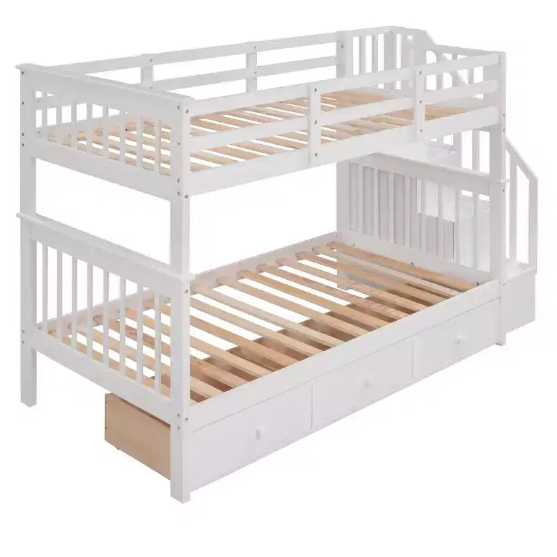 Lits superposés jumeaux Stairway pour enfants, cadre de lit superposé avec tiroirs de rangement et rampe de sécurité pour chambre à coucher et dortoir
