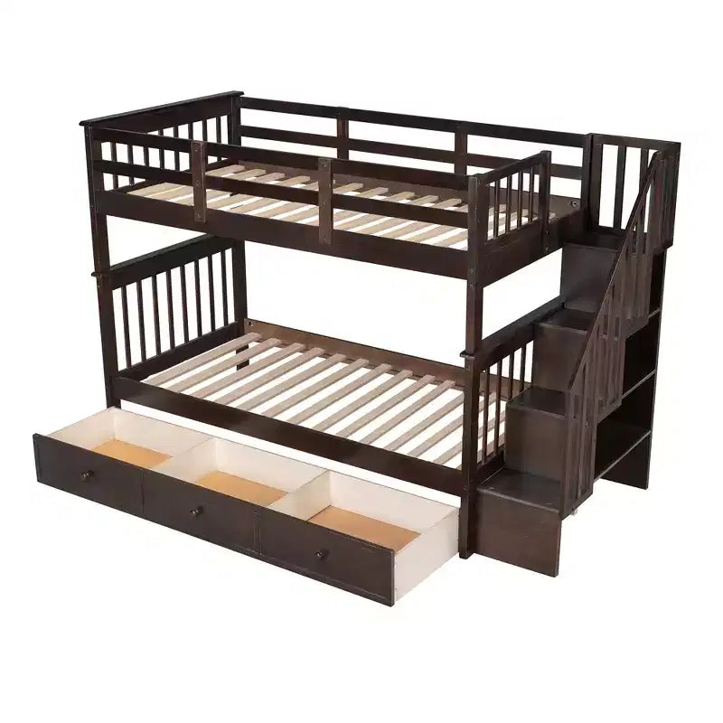 Lits superposés jumeaux Stairway pour enfants, cadre de lit superposé avec tiroirs de rangement et rampe de sécurité pour chambre à coucher et dortoir