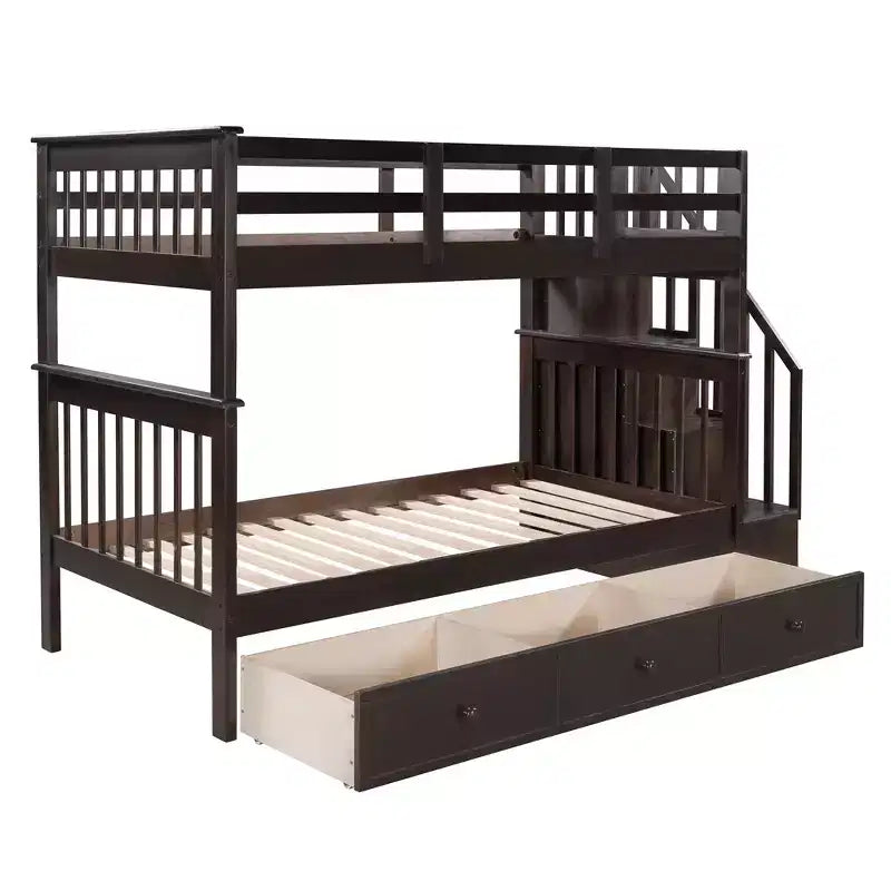 Lits superposés jumeaux Stairway pour enfants, cadre de lit superposé avec tiroirs de rangement et rampe de sécurité pour chambre à coucher et dortoir