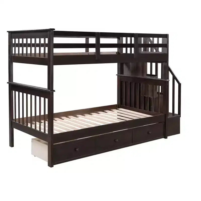 Lits superposés jumeaux Stairway pour enfants, cadre de lit superposé avec tiroirs de rangement et rampe de sécurité pour chambre à coucher et dortoir