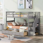 Lits superposés jumeaux Stairway pour enfants, cadre de lit superposé avec tiroirs de rangement et rampe de sécurité pour chambre à coucher et dortoir