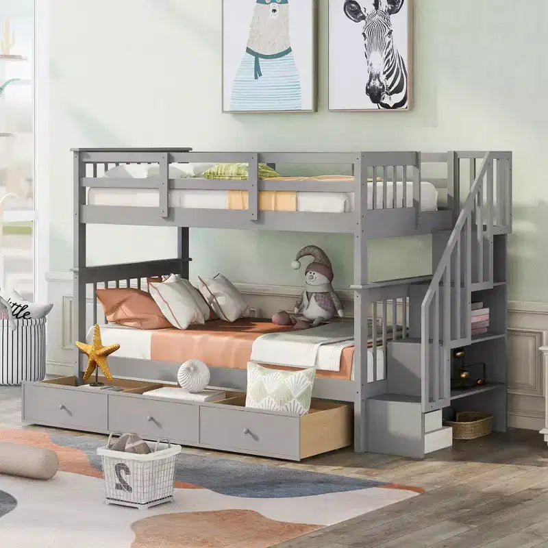 Lits superposés jumeaux Stairway pour enfants, cadre de lit superposé avec tiroirs de rangement et rampe de sécurité pour chambre à coucher et dortoir